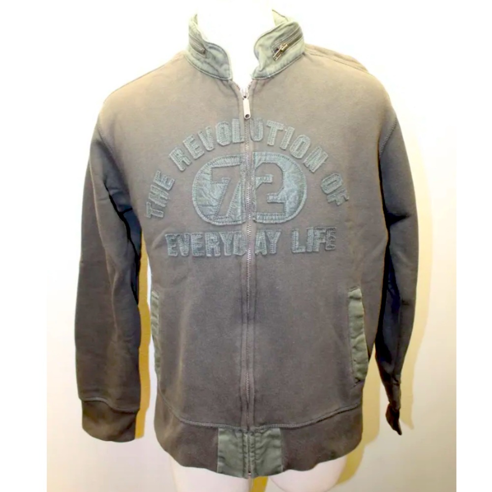 French Connection Men Sweatshirt Hoodie Distressed Military Green Cotton Blend M
